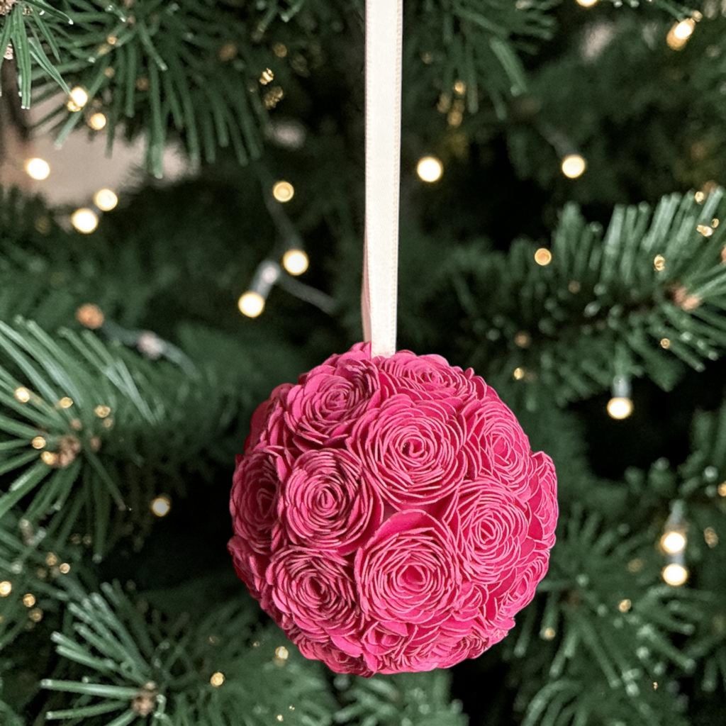 Pink Lisianthus Ornament w/pink ribbon, 2.5"