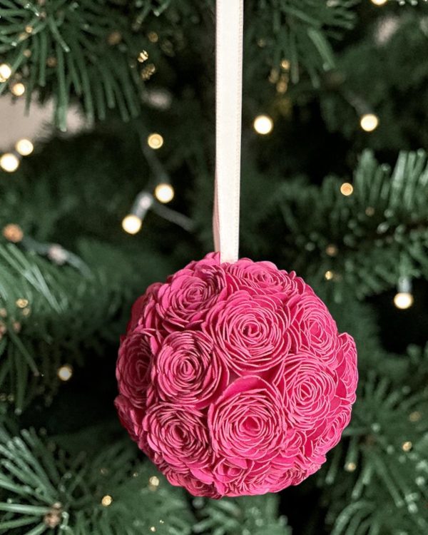 Pink Lisianthus Ornament w/pink ribbon, 2.5"