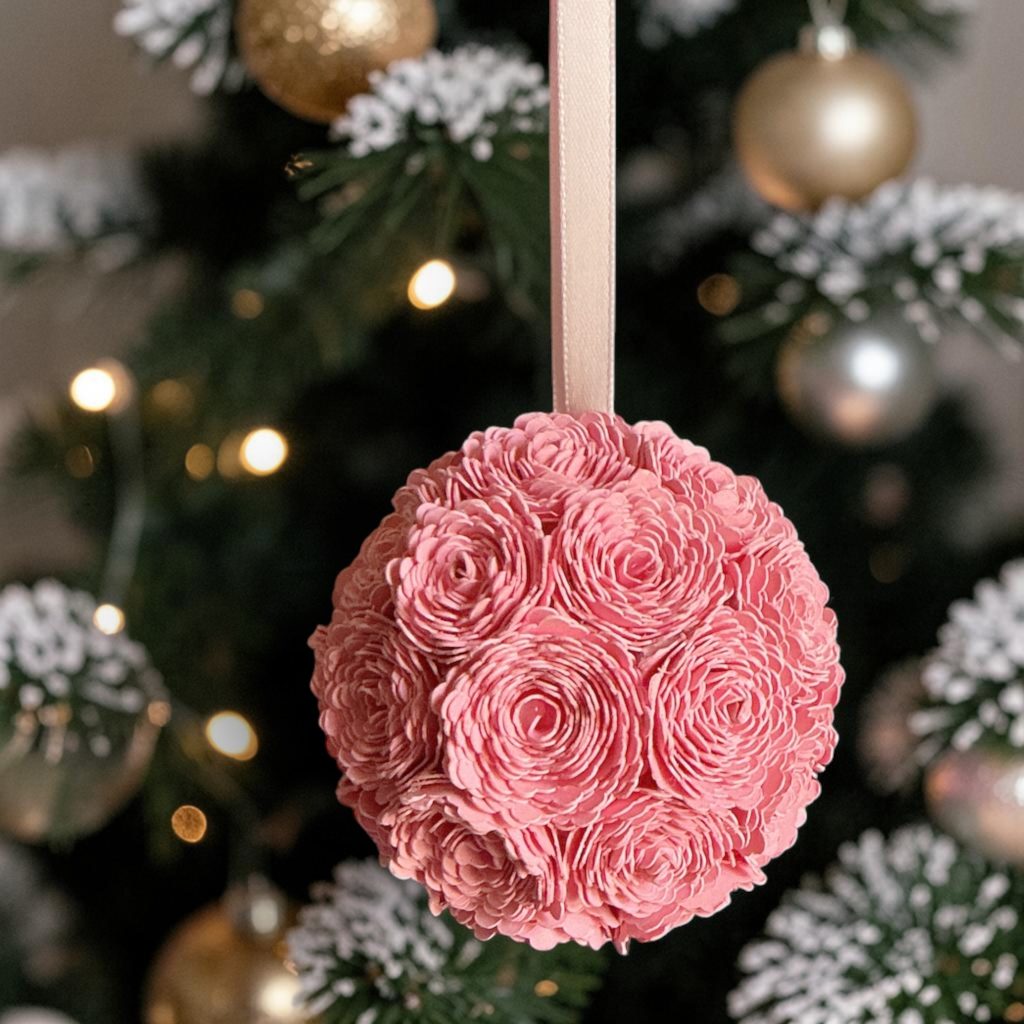 Pink Zinnia Ornament w/pink ribbon, 2.5"