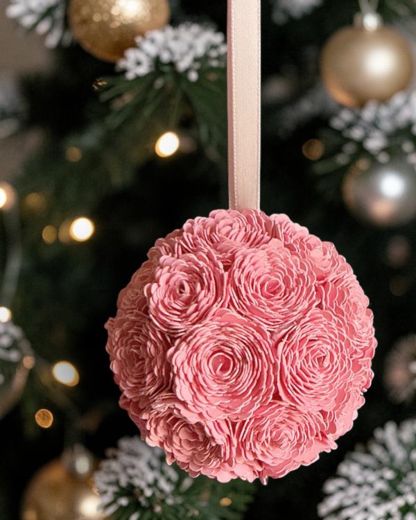 Pink Zinnia Ornament w/pink ribbon, 2.5"