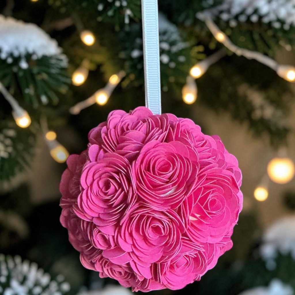 Bright Pink Rose Ornament w/white ribbon, 3"