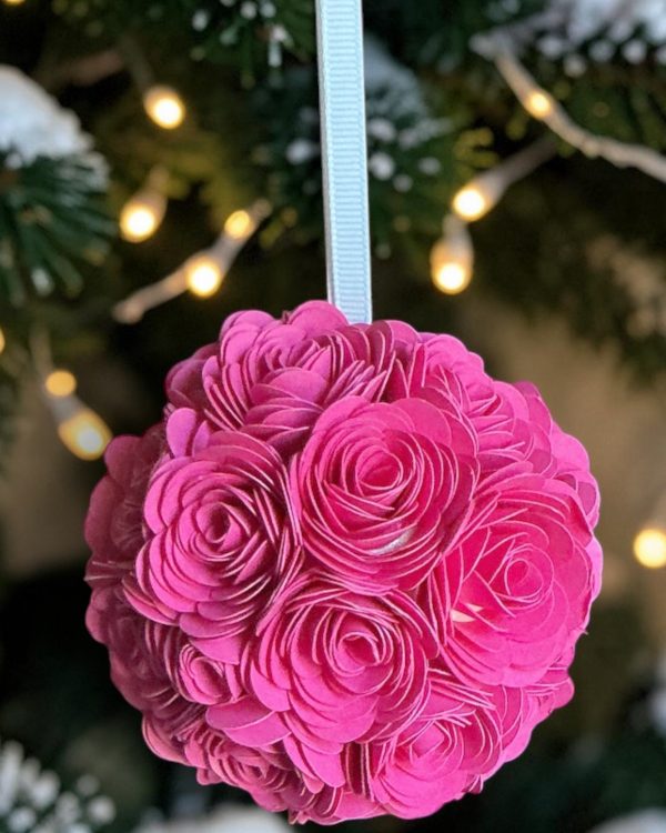 Bright Pink Rose Ornament w/white ribbon, 3"