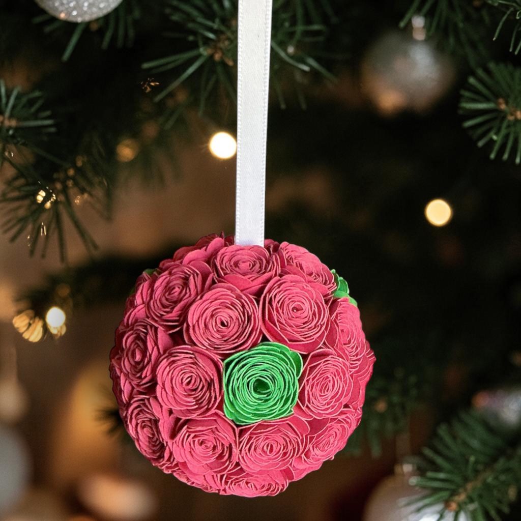Red/Green Lisianthus Ornament w/white ribbon, 2.5"