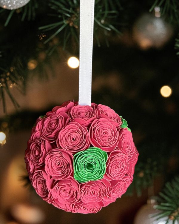 Red/Green Lisianthus Ornament w/white ribbon, 2.5"