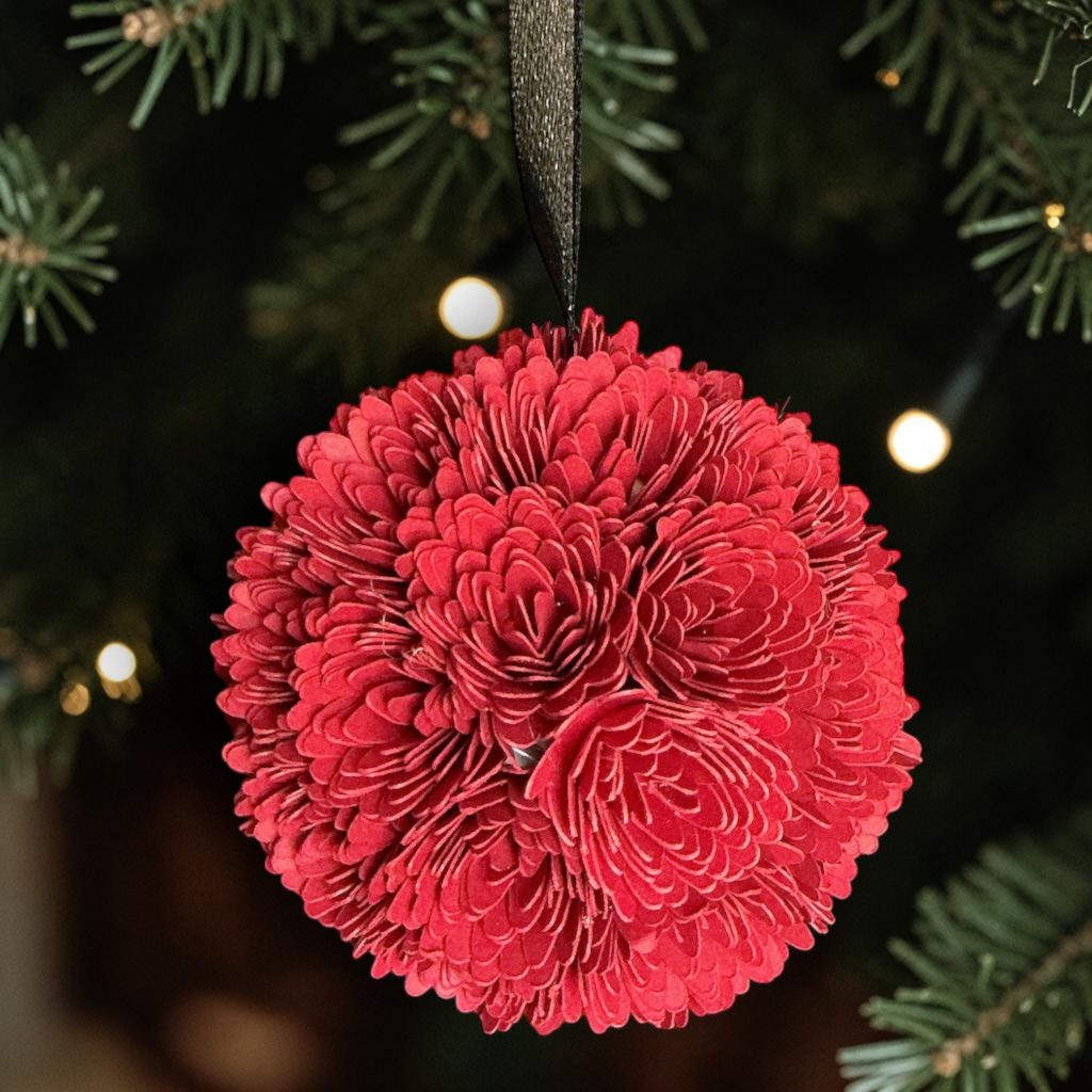 Red Chrysanthemum w/black ribbon, 2.5"