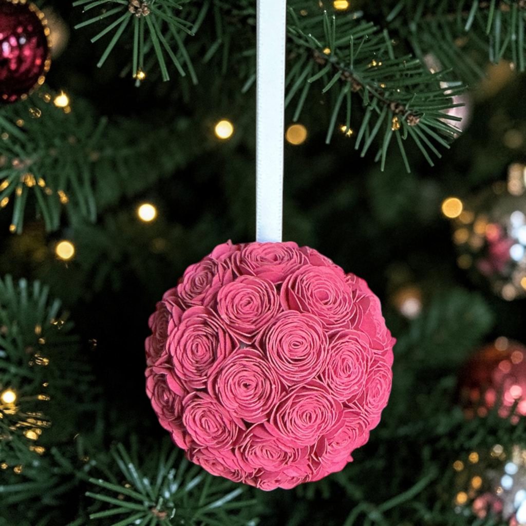 Red Lisianthus Ornament w/white ribbon, 2.5"