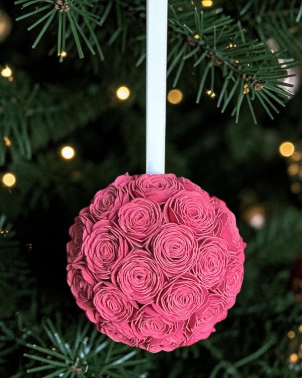 Red Lisianthus Ornament w/white ribbon, 2.5"