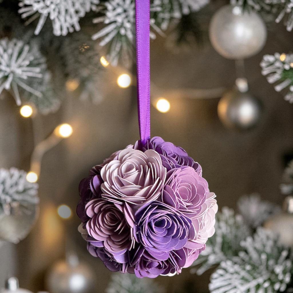 Purple Rose Ornament w/purple ribbon, 2.5"