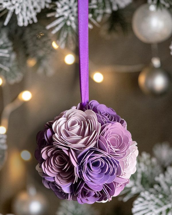 Purple Rose Ornament w/purple ribbon, 2.5"