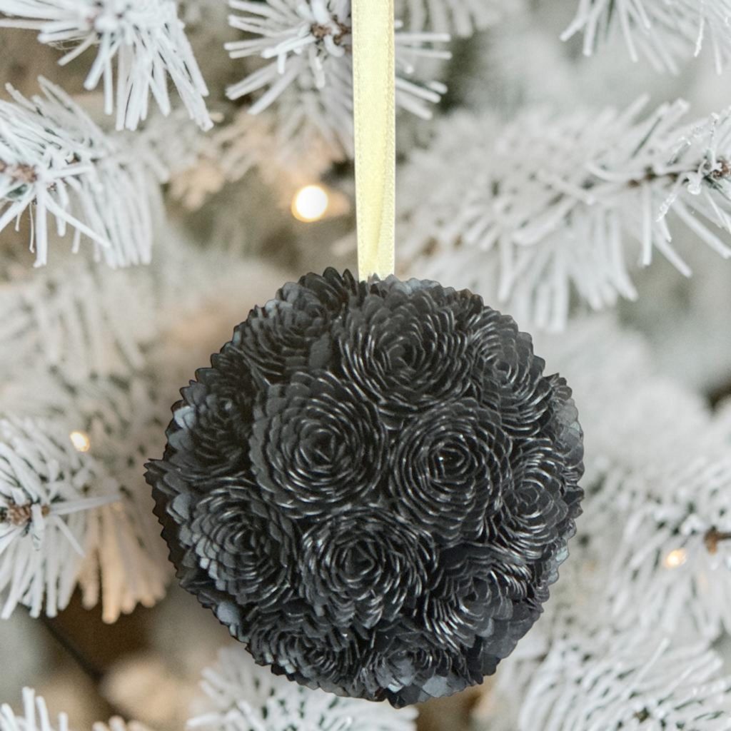 Black Dahlia Ornament w/gold ribbon, 3"