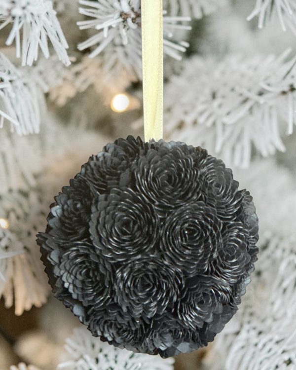 Black Dahlia Ornament w/gold ribbon, 3"