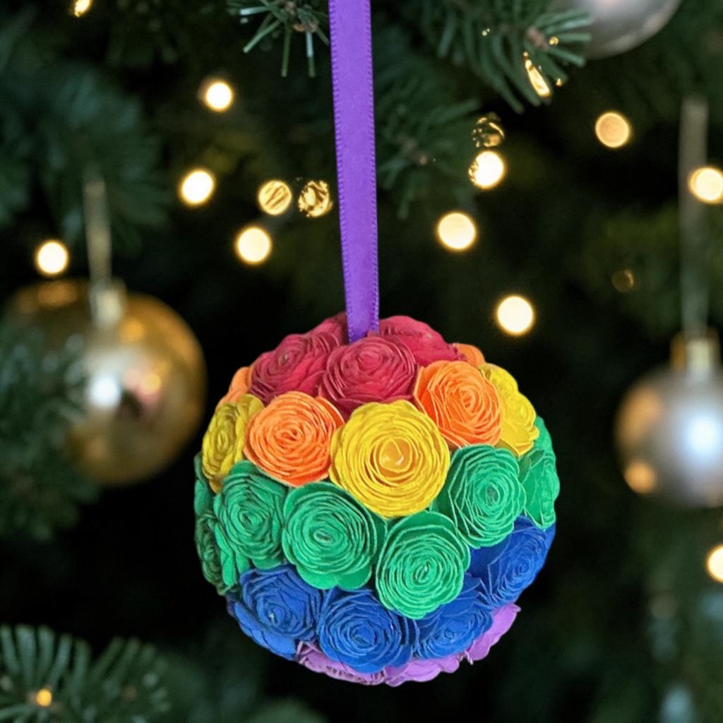 Rainbow Ornament w/purple ribbon, 2.5"