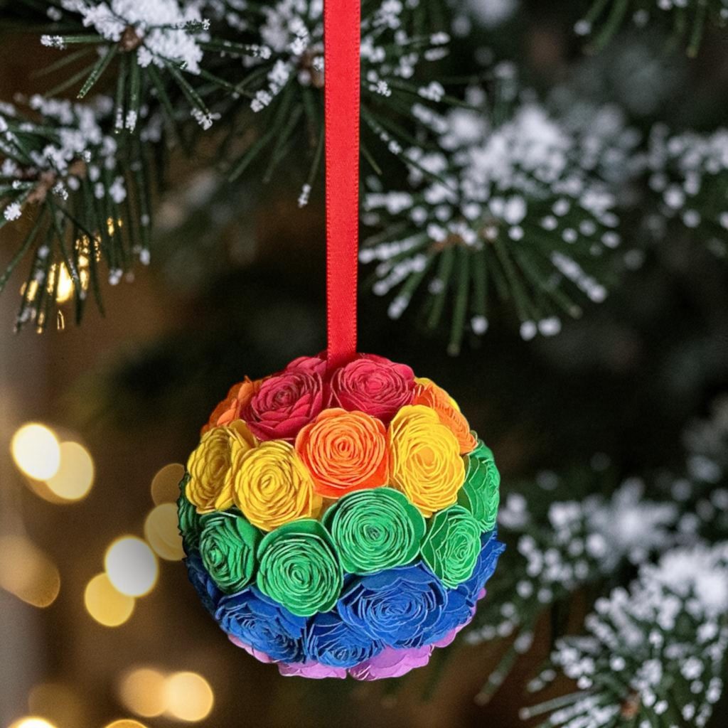 Rainbow Ornament w/red ribbon, 2.5"