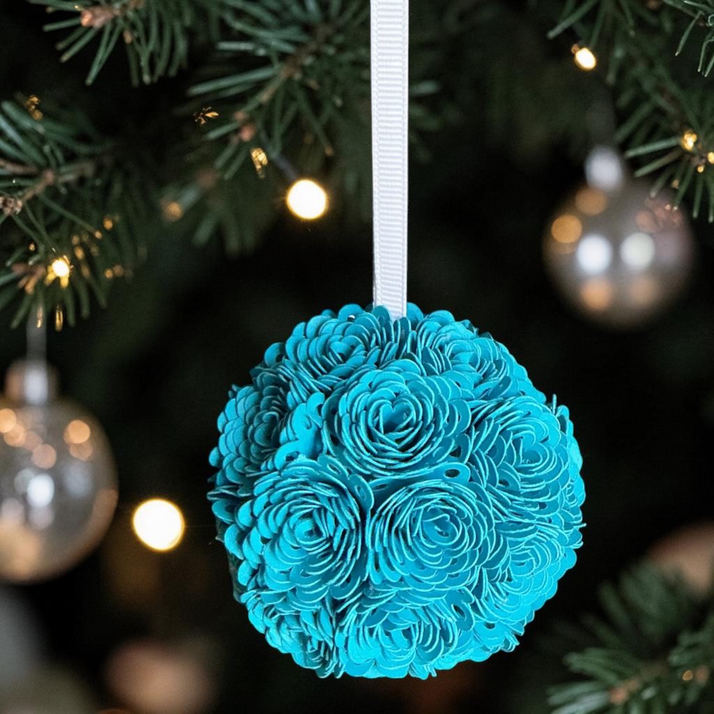 Turquoise Ranunculus Ornament w/white ribbon, 2.5"