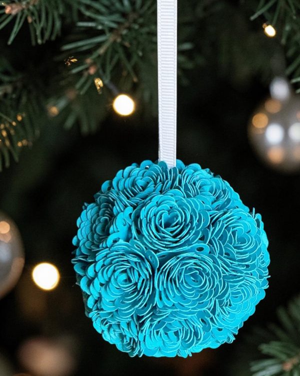 Turquoise Ranunculus Ornament w/white ribbon, 2.5"