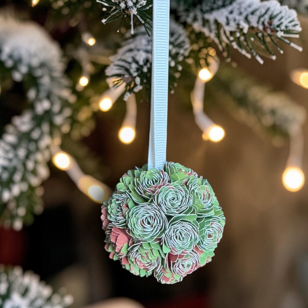 Green/Burgundy/White Dahlia Ornament w/white ribbon, 2"