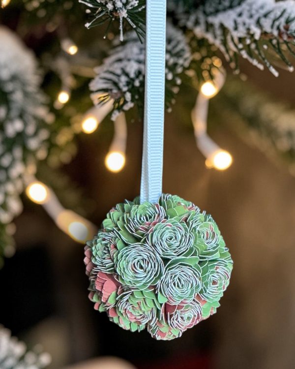 Green/Burgundy/White Dahlia Ornament w/white ribbon, 2"