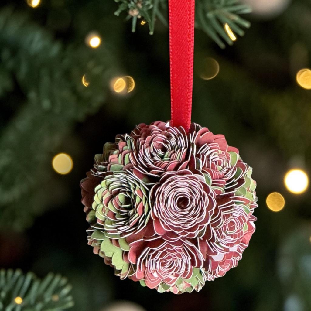 Green/Burgundy Dahlia Ornament w/red ribbon, 2"