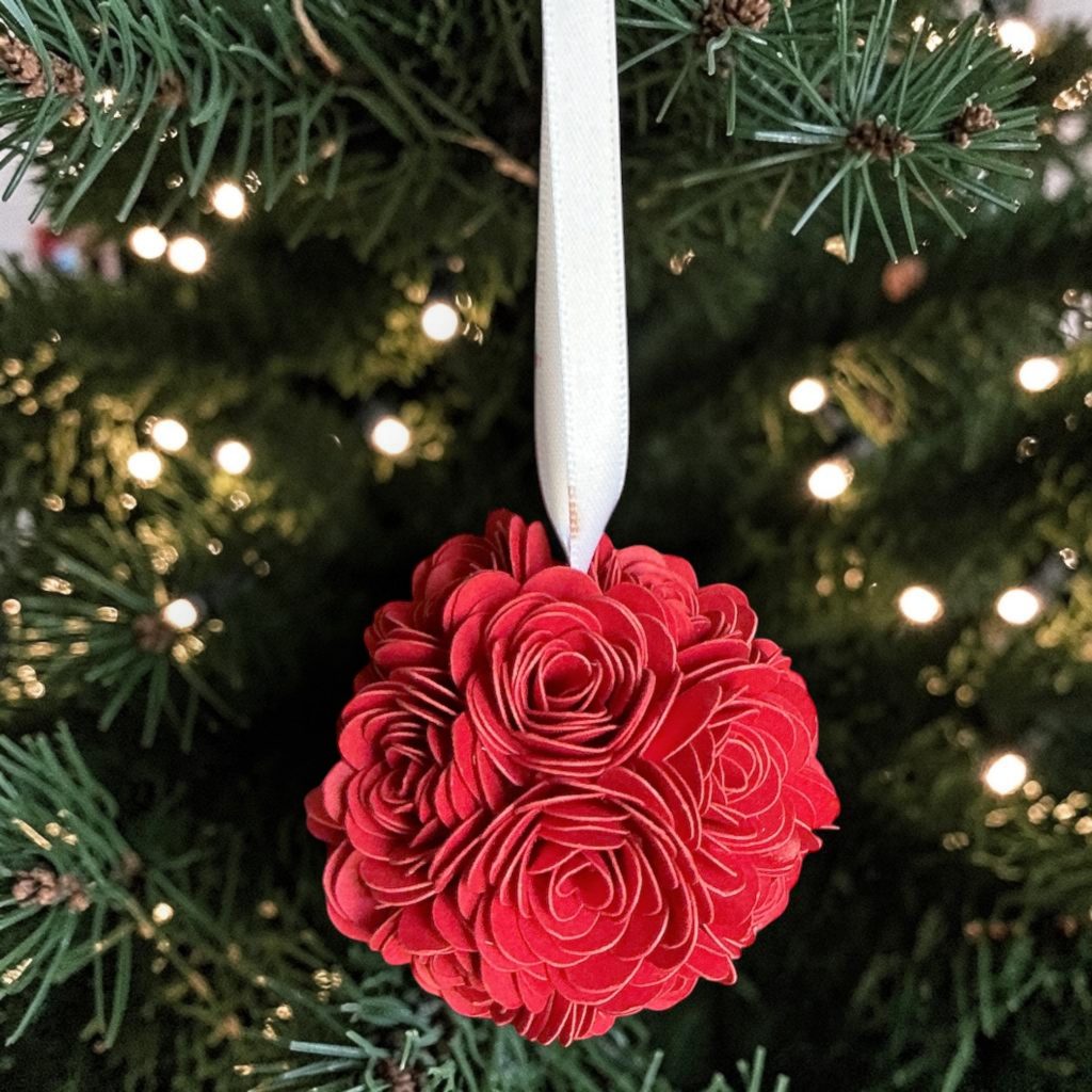 Red Rose Ornament w/white ribbon, 2"