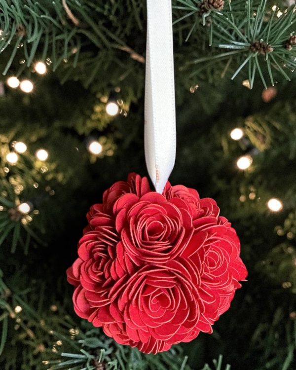 Red Rose Ornament w/white ribbon, 2"